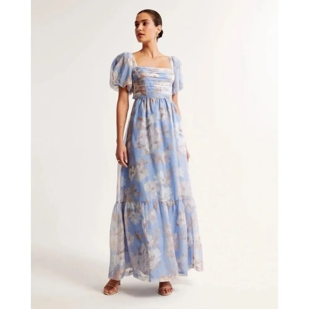 Abercrombie & Fitch Emerson Drama Bow Back Maxi Dress In Blue Floral Size MP